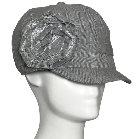 Vintage Y2K Grey 3D Flower Newsboy Cap Hat 100% Cotton D&Y Elastafit Stretch - Picture 4 of 9